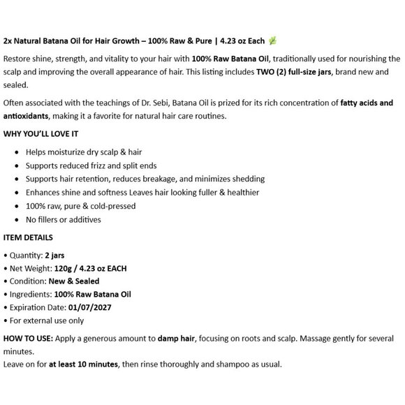 2x Natural Batana Oil for Hair Growth – 100% Raw & Pure | 4.23 oz Each - Picture 2 of 7